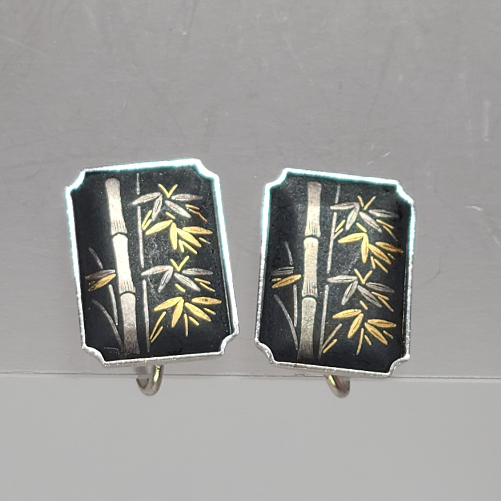Vintage Amita Japan Sterling Silver Gold Tone Bamboo Scene Screwback Earrings
